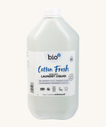 A 5L bottle of Bio-D cotton fresh non bio laundry liquid. Features a cap for easy pouring.