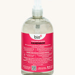 A back view of the 500ml bottle of Bio-D hand wash gel in Yorkshire rhubarb fragrance. 