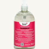 A back view of the 500ml bottle of Bio-D hand wash gel in Yorkshire rhubarb fragrance. 