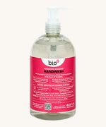 A back view of the 500ml bottle of Bio-D hand wash gel in Yorkshire rhubarb fragrance. 