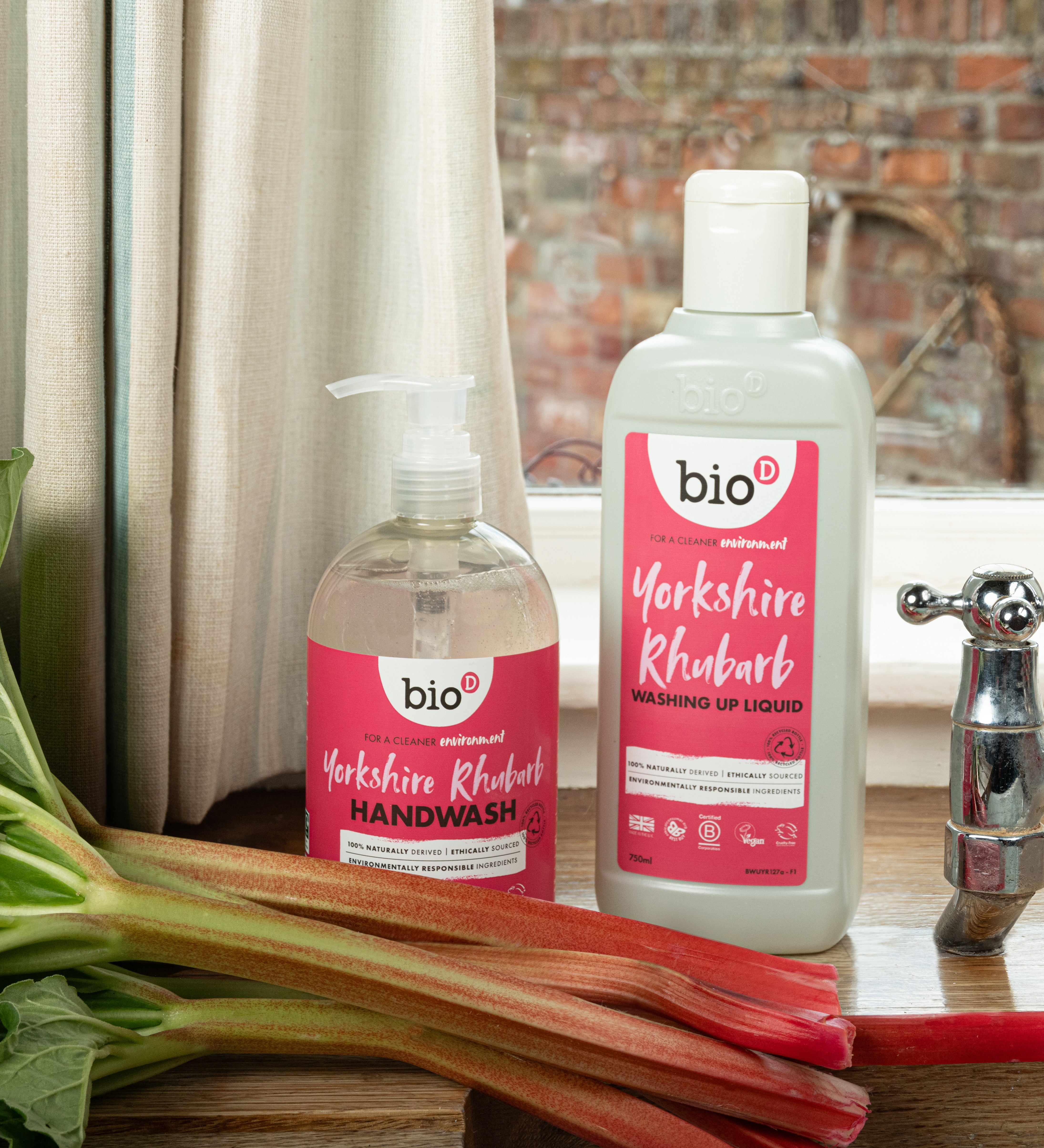 A 500ml bottle of Bio-D hand wash and washing up liquid up in Yorkshire rhubarb on a wooden sink next to a bunch of rhubarb