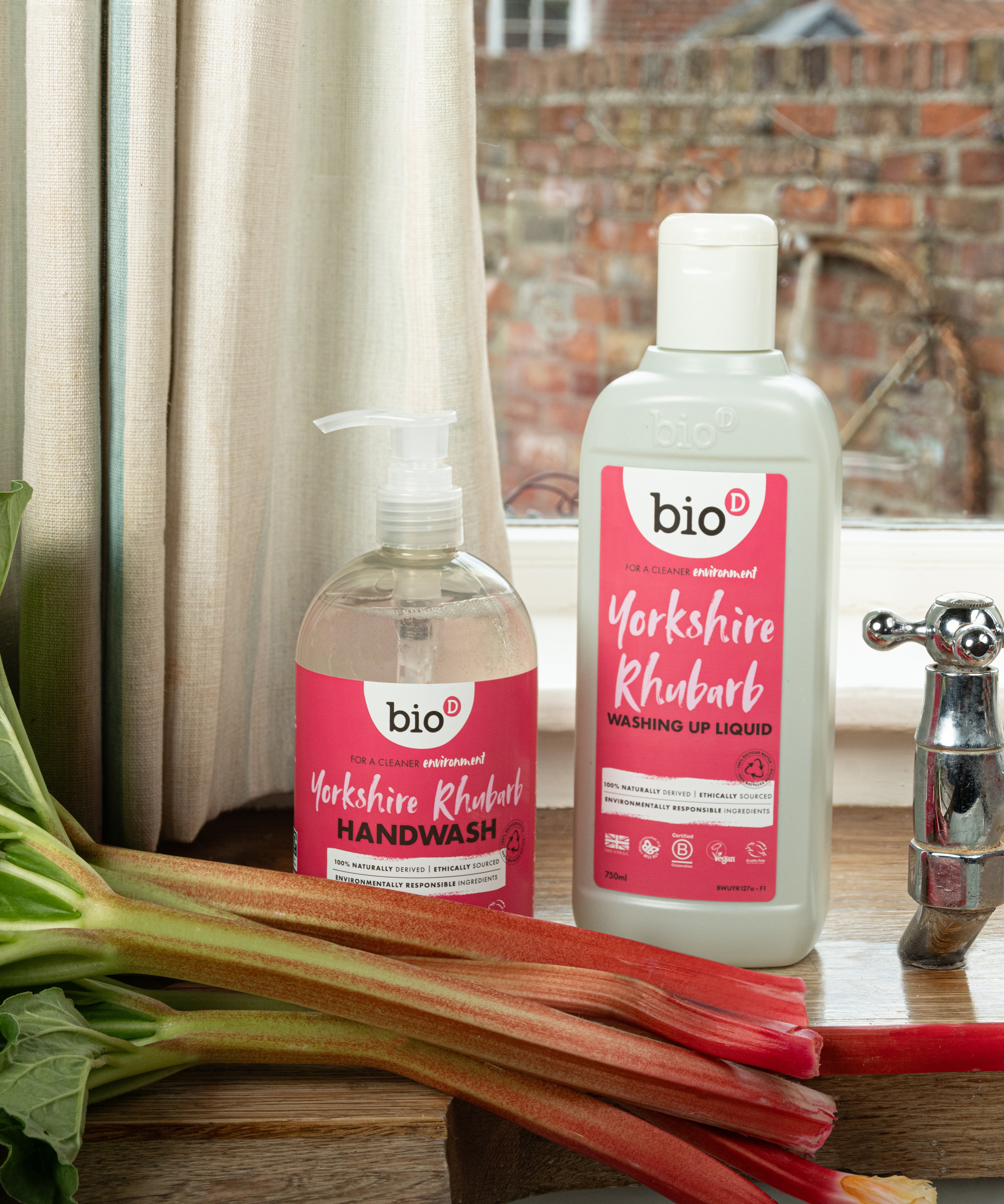 A 500ml bottle of Bio-D hand wash and washing up liquid up in Yorkshire rhubarb on a wooden sink next to a bunch of rhubarb