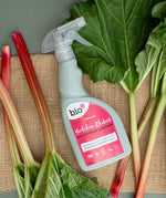 Bio-d all purpose sanitiser spray in Yorkshire rhubarb laid on hessian with cuttings of rhubarb on top.
