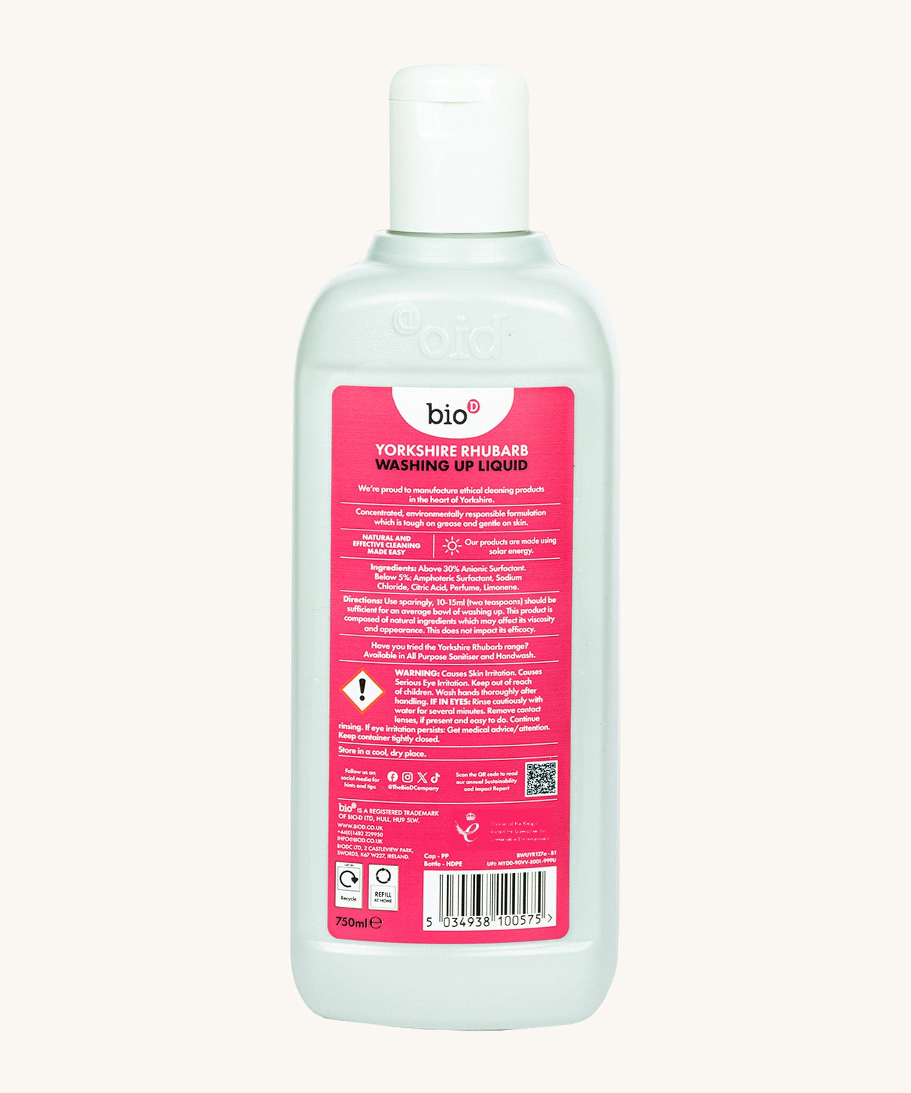 Back view of theBio-D 750ml Yorkshire rhubarb washing up liquid bottle