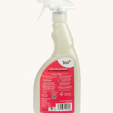 Back view of the 500ml bottle of Bio-D all purpose sanitise in Yorkshire rhubarb, features a a spray nozzle cap