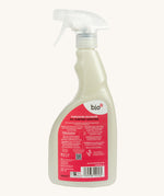Back view of the 500ml bottle of Bio-D all purpose sanitise in Yorkshire rhubarb, features a a spray nozzle cap