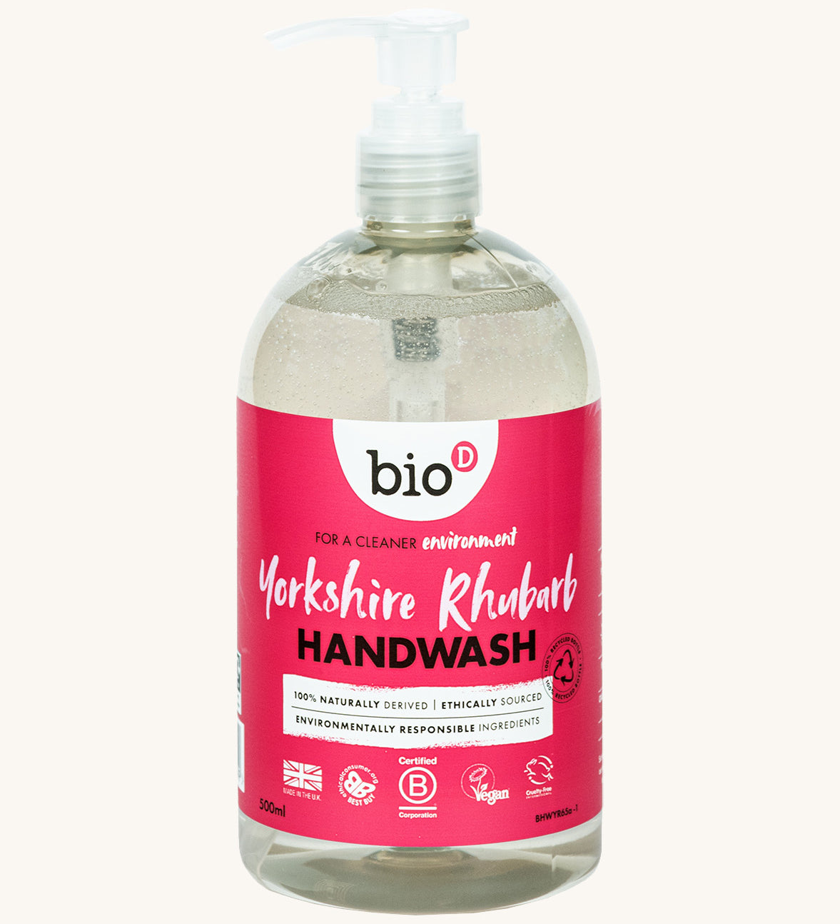 A 500ml bottle of Bio-D hand wash gel in Yorkshire rhubarb fragrance. Features squeeze down cap for easy application.