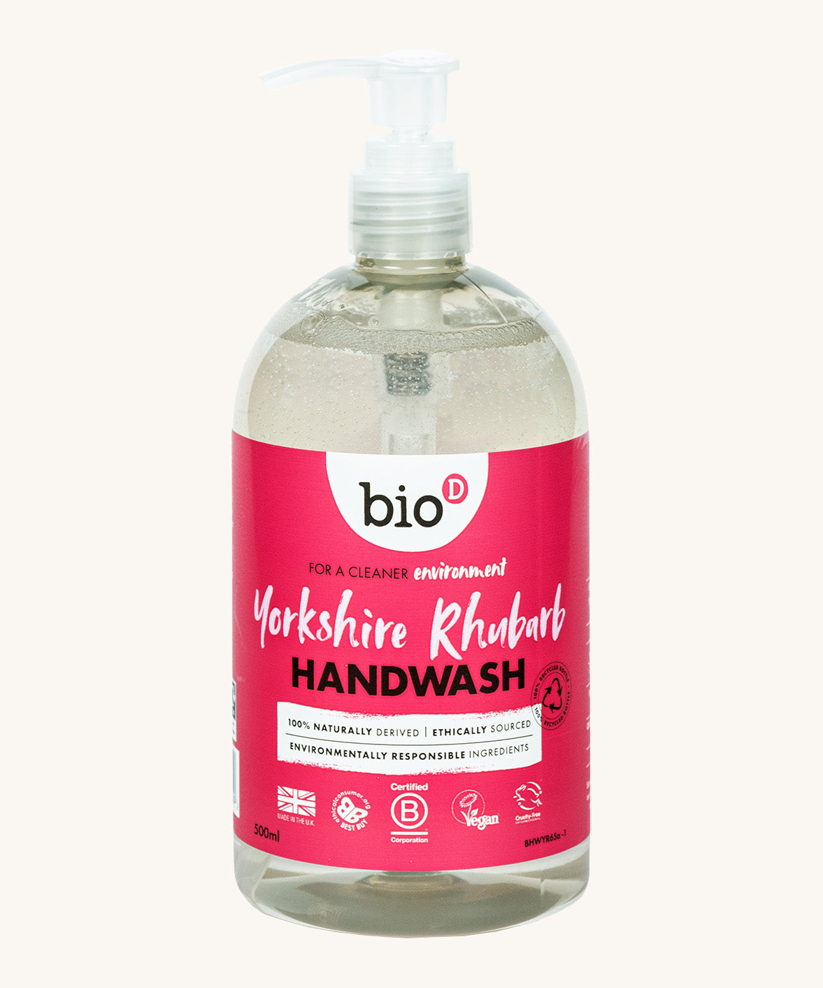 A 500ml bottle of Bio-D hand wash gel in Yorkshire rhubarb fragrance. Features squeeze down cap for easy application.