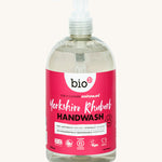 A 500ml bottle of Bio-D hand wash gel in Yorkshire rhubarb fragrance. Features squeeze down cap for easy application.