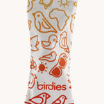 A Birds Eyewear Glasses Carrier Pouch in white with colourful yellow and orange birds with the Birdies Logo