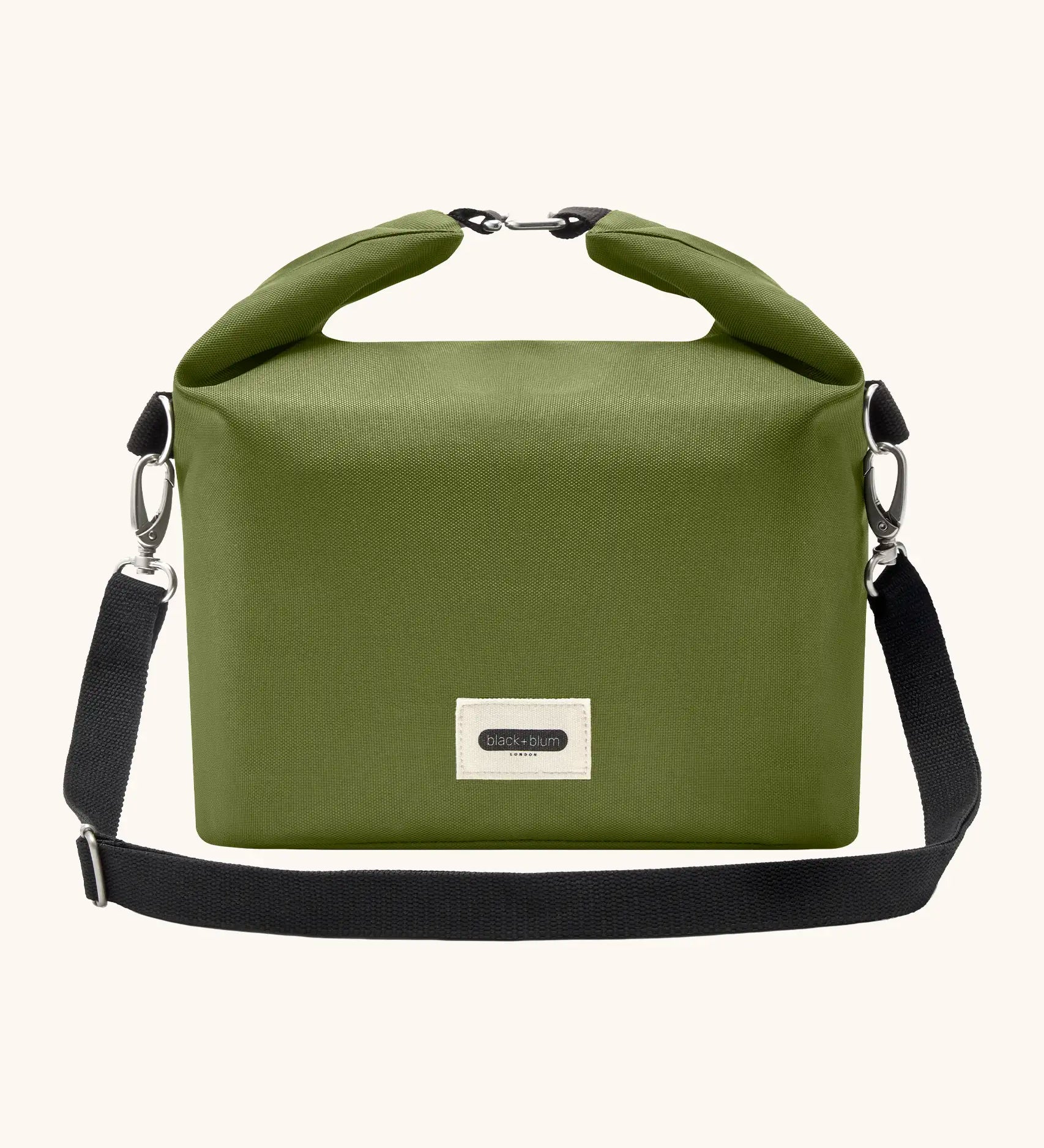 Black+Blum 10 litres insulated and water repellent roll top lunch bag in moss green with a hook buckle fastener and carry strap