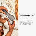 An info graphic featuring an image and text about the Black+Blum Cutlery Set With Portable Hygienic Carry Case. A close up of a person opening the hygienic case to show the cutlery inside. 
