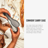 An info graphic featuring an image and text about the Black+Blum Cutlery Set With Portable Hygienic Carry Case. A close up of a person opening the hygienic case to show the cutlery inside. 