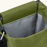 Black + Blum insulated bottle bag in moss green showing a close up of the insulated lining material on the inside