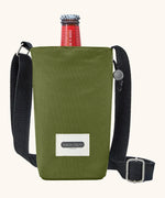Black + Blum insulated water repellent bottle bag in moss green with the lid open showing a bottle of beer sitting inside 