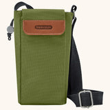 Black + Blum insulated water repellent bottle bag in moss green with lid. Features a reinforced adjustable strap, side pockets and a adjustable drawstring 