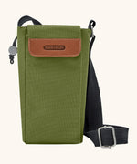 Black + Blum insulated water repellent bottle bag in moss green with lid. Features a reinforced adjustable strap, side pockets and a adjustable drawstring 