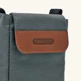 Black + Blum insulated bottle bag in slate blue showing a close up of the velcro flip lid