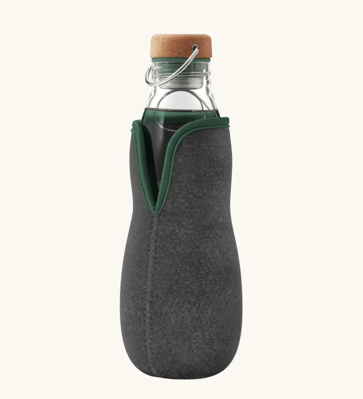 Black + Blum glass bottle with active charcoal water filter and locking coil . Features a felted holder with olive green trim and a cork lid with a loop handle.