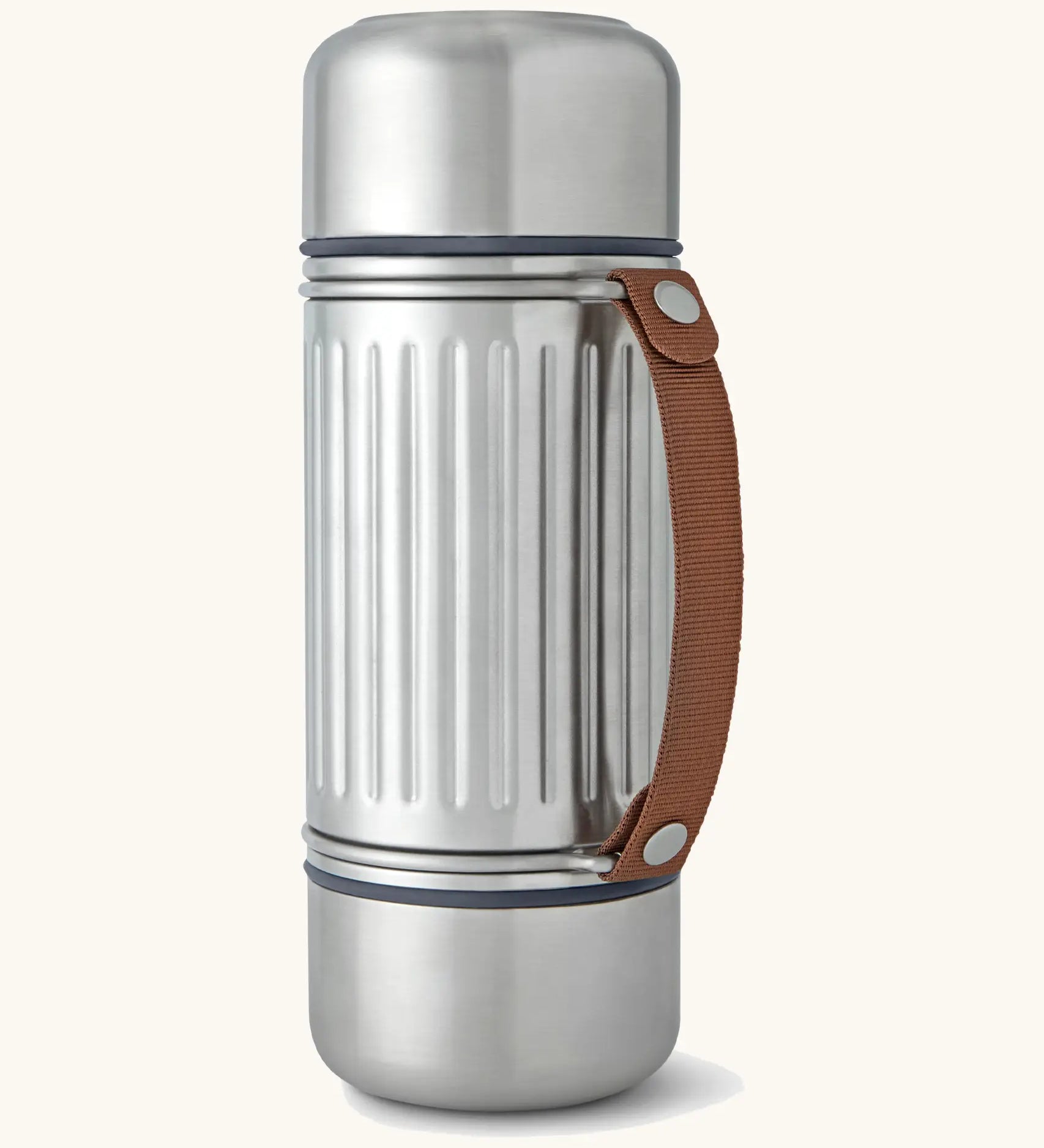 Black&Blum leakproof stainless steel duo explorer flask. A 1litre flask with 2 doubled wall cups and brown nylon strap handle