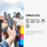 An info graphic featuring an image and text about the Black+Blum Cutlery Set With Portable Hygienic Carry Case. A close up of the case and cutlery taken out of the case in a person's hands. 