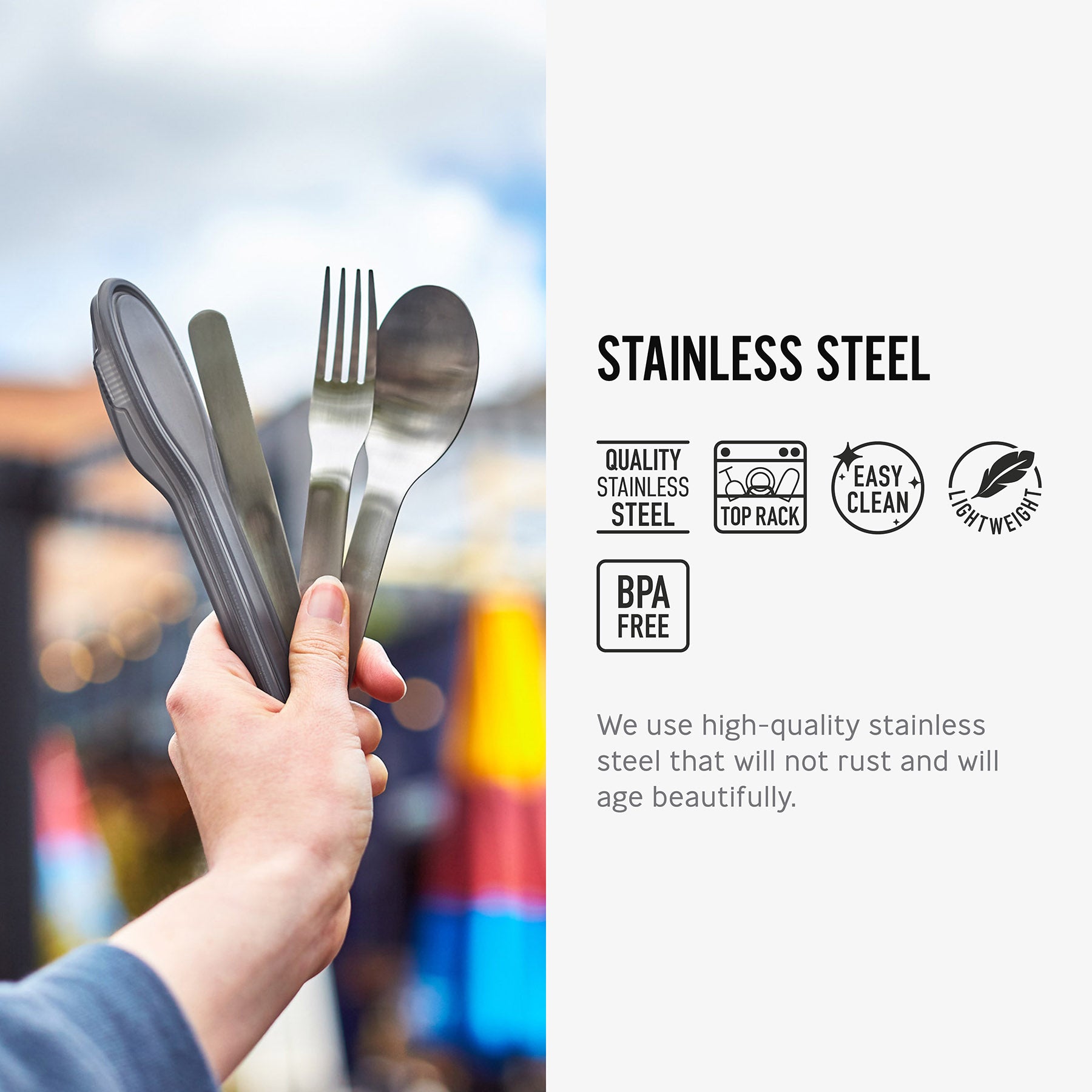 An info graphic featuring an image and text about the Black+Blum Cutlery Set With Portable Hygienic Carry Case. A close up of the case and cutlery taken out of the case in a person's hands. 