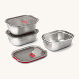 A mixed sized set of Black + Blum microwave safe, leakproof stainless steel small lunchboxes