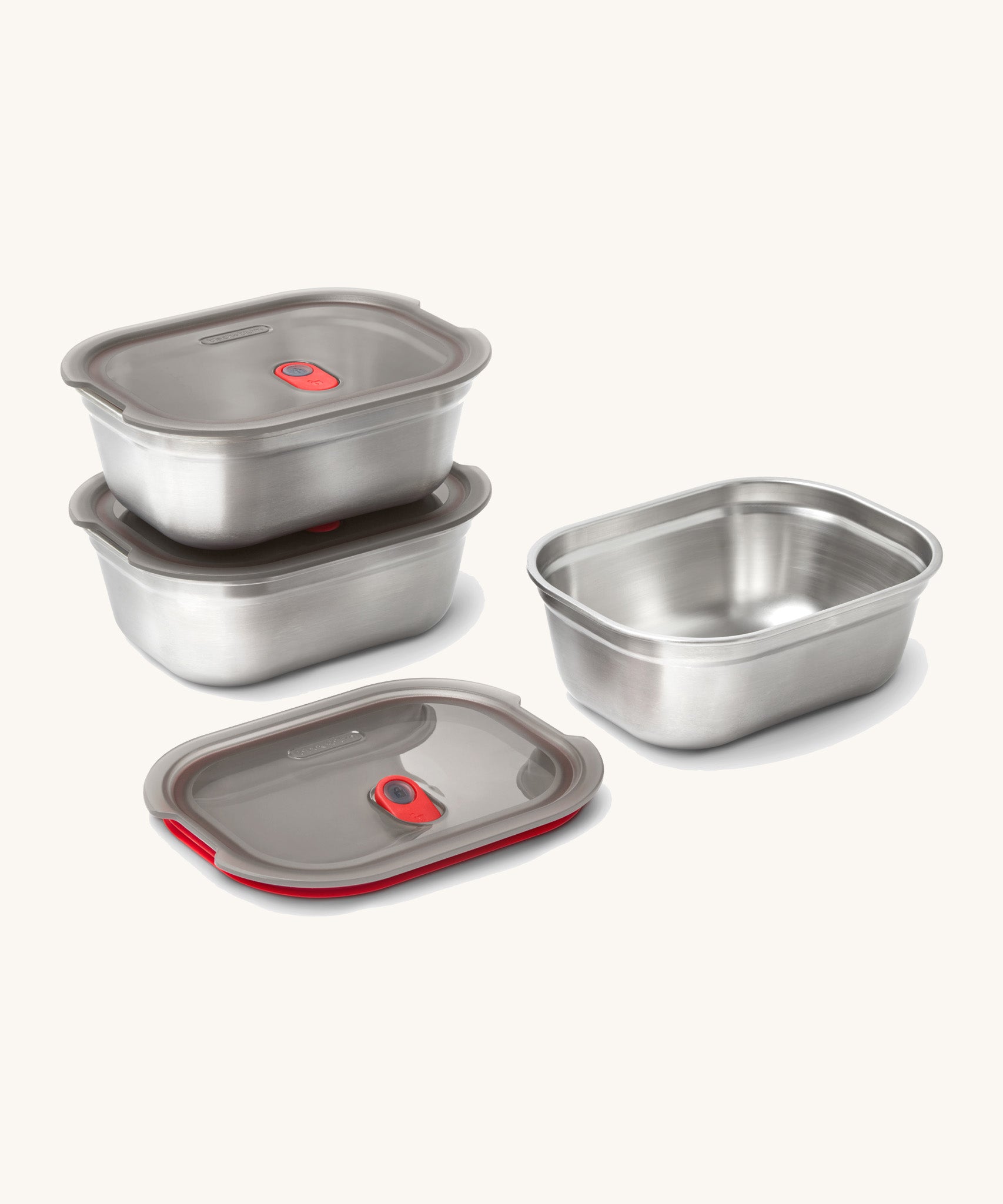 A mixed sized set of Black + Blum microwave safe, leakproof stainless steel small lunchboxes