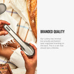 An info graphic featuring an image and text about the Black+Blum Cutlery Set With Portable Hygienic Carry Case. A close up of the set in a person's hand next to text. The text read, branded quality. Our cutlery has minimal but proudly permanent laser engraved branding on the back. This is a set that should last a lifetime.