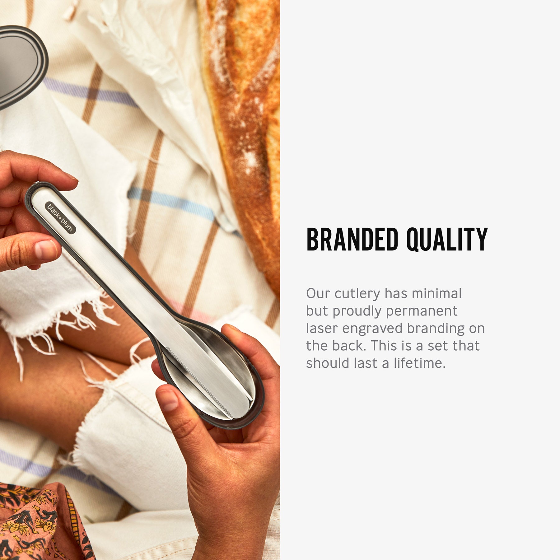 An info graphic featuring an image and text about the Black+Blum Cutlery Set With Portable Hygienic Carry Case. A close up of the set in a person's hand next to text. The text read, branded quality. Our cutlery has minimal but proudly permanent laser engraved branding on the back. This is a set that should last a lifetime.
