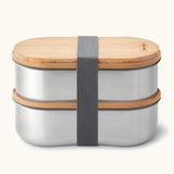 Two Black+Blum 500ml stainless steel leakproof boxes with a bamboo lid/chopping board and nylon strap