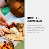 An infographic eaturing an image and next about the bamboo lid and chopping board. the image is of the bamboo lid in use as a cheese board. The text reads, bamboo lid and chopping board. Includes a bamboo lid that doubles as a chopping board and serving platter. Stack and cover you plates once used to contain any mess. 
