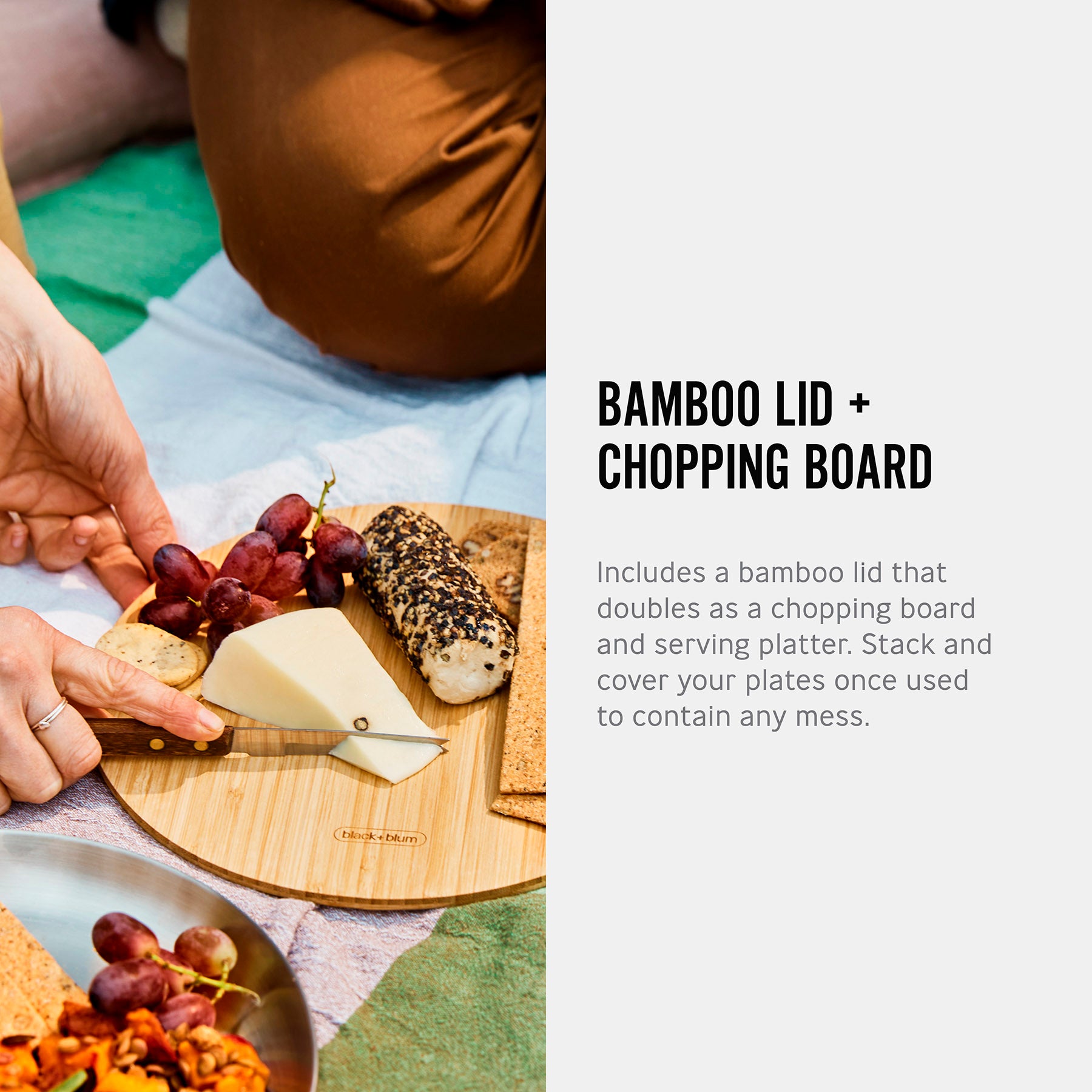 An infographic eaturing an image and next about the bamboo lid and chopping board. the image is of the bamboo lid in use as a cheese board. The text reads, bamboo lid and chopping board. Includes a bamboo lid that doubles as a chopping board and serving platter. Stack and cover you plates once used to contain any mess. 