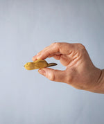 A hand holding the Bumbu wooden beaver figure 