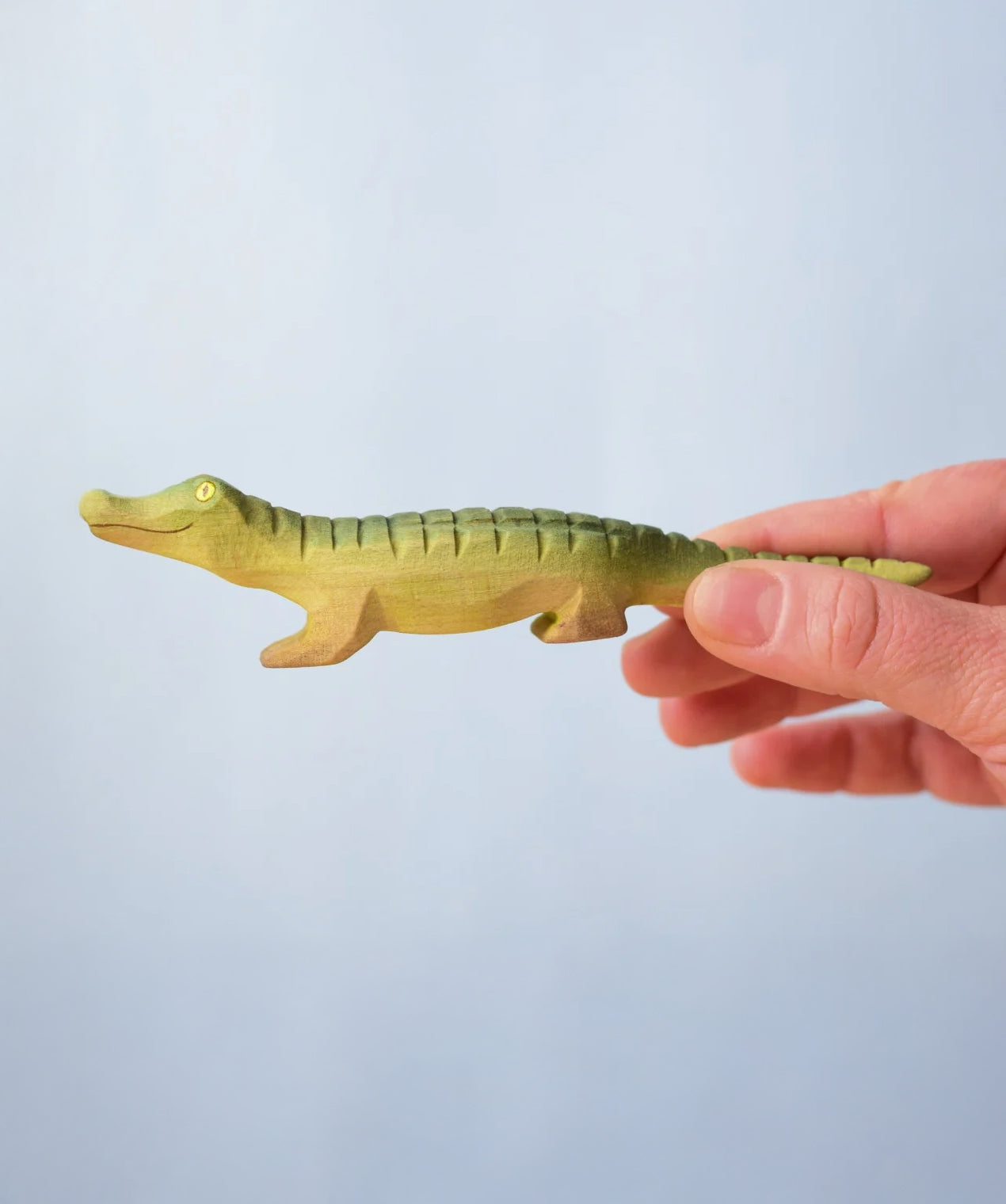Bumbu Roys' Wooden Baby Crocodile, being held in an adult's hand.