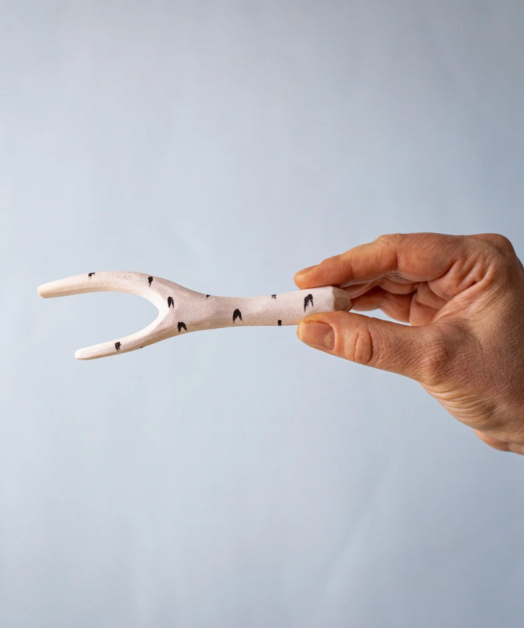 A hand holding the Bumbu wooden birch branch