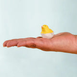 Adult hand holding the Bumbu handcrafted wooden yellow chick in egg decorative figure showing size