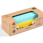Bumbu eco-friendly wooden bus car toy in its cardboard packaging on a white background