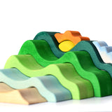 Close up of the Bumbu eco-friendly plastic free wooden mountain set on a white background