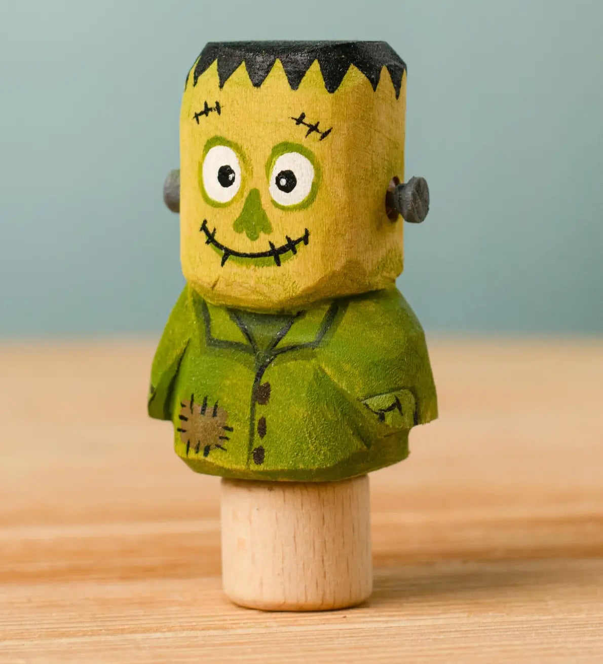 Bumbu handcrafted wooden Frankenstein halloween decorative figure with playful painted facial features