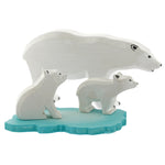 Bumbu large polar bear and 2 small polar bear cub toys stood on the wooden ice floe block on a white background