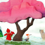 Bumbu wooden animals stood underneath the Bumbu plastic free wooden Japanese tree on a white background