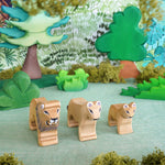 3 wooden Bumbu lion animal figures stood on a wooden worktop in front of a blue background