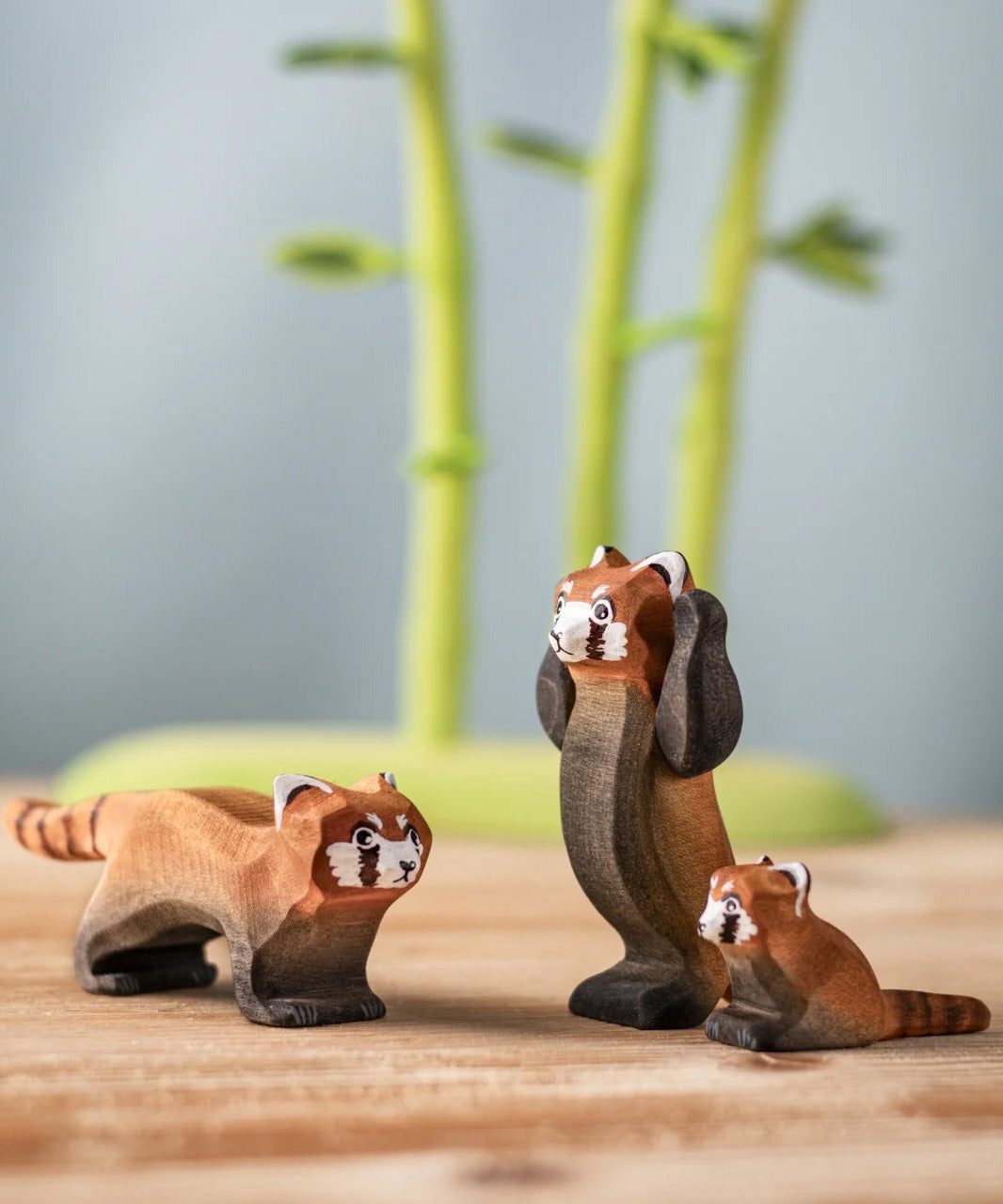 A family of the Bumbu wooden red pandas on a wooden board with the Bumbu bamboo in the background