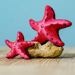 Bumbu Wooden Red Starfish Set with teh starfish shown on and leaning against a rock