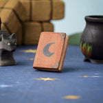 Bumbu Toys Small Book placed at the centre of a Halloween themed small world play set up. The scared cat and cauldron can be seen on the sides. 