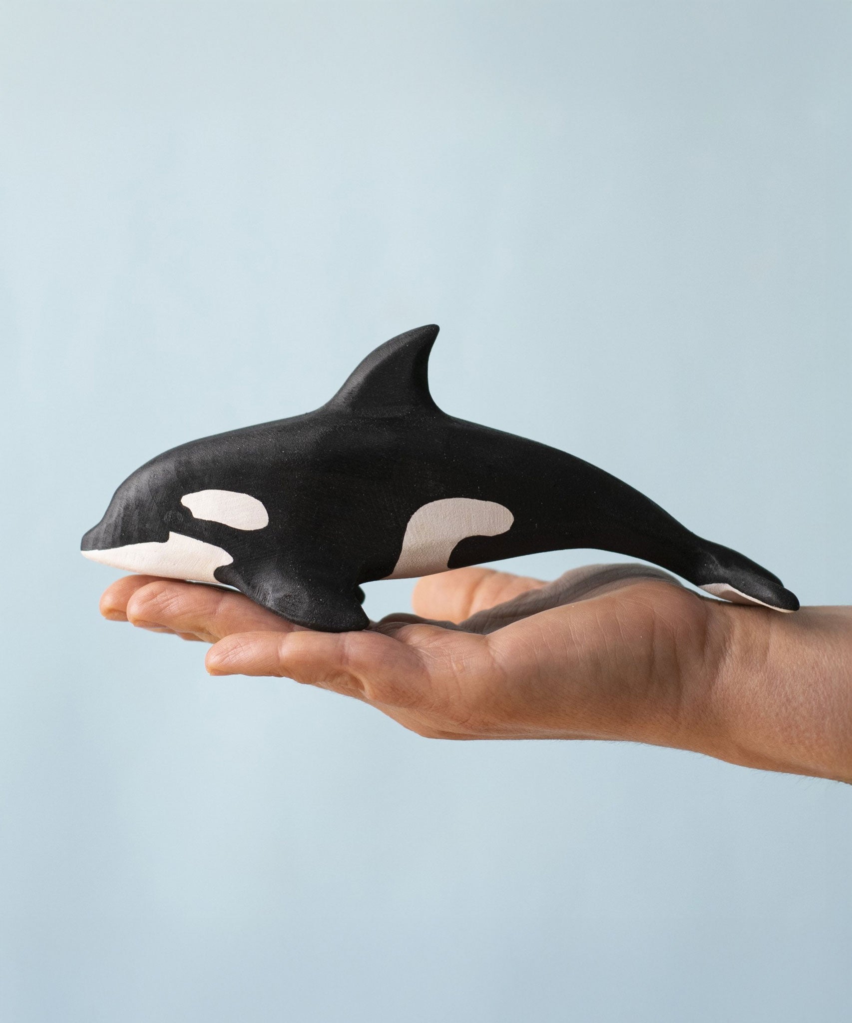 A Bumbu Toys Orca handmade wooden toy figure placed on the palm of an adult's hand. The Orca whale is part of a large range of handmade wooden toys here at Babipur.