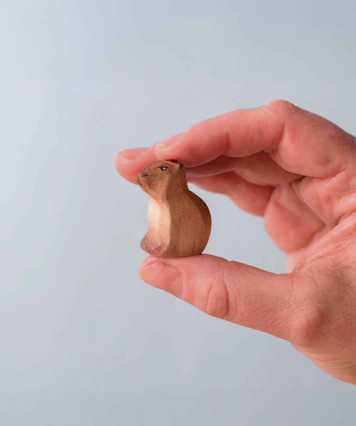 Bumbu Toys Wooden Sitting Baby Capybara, being held in an adult's hand.