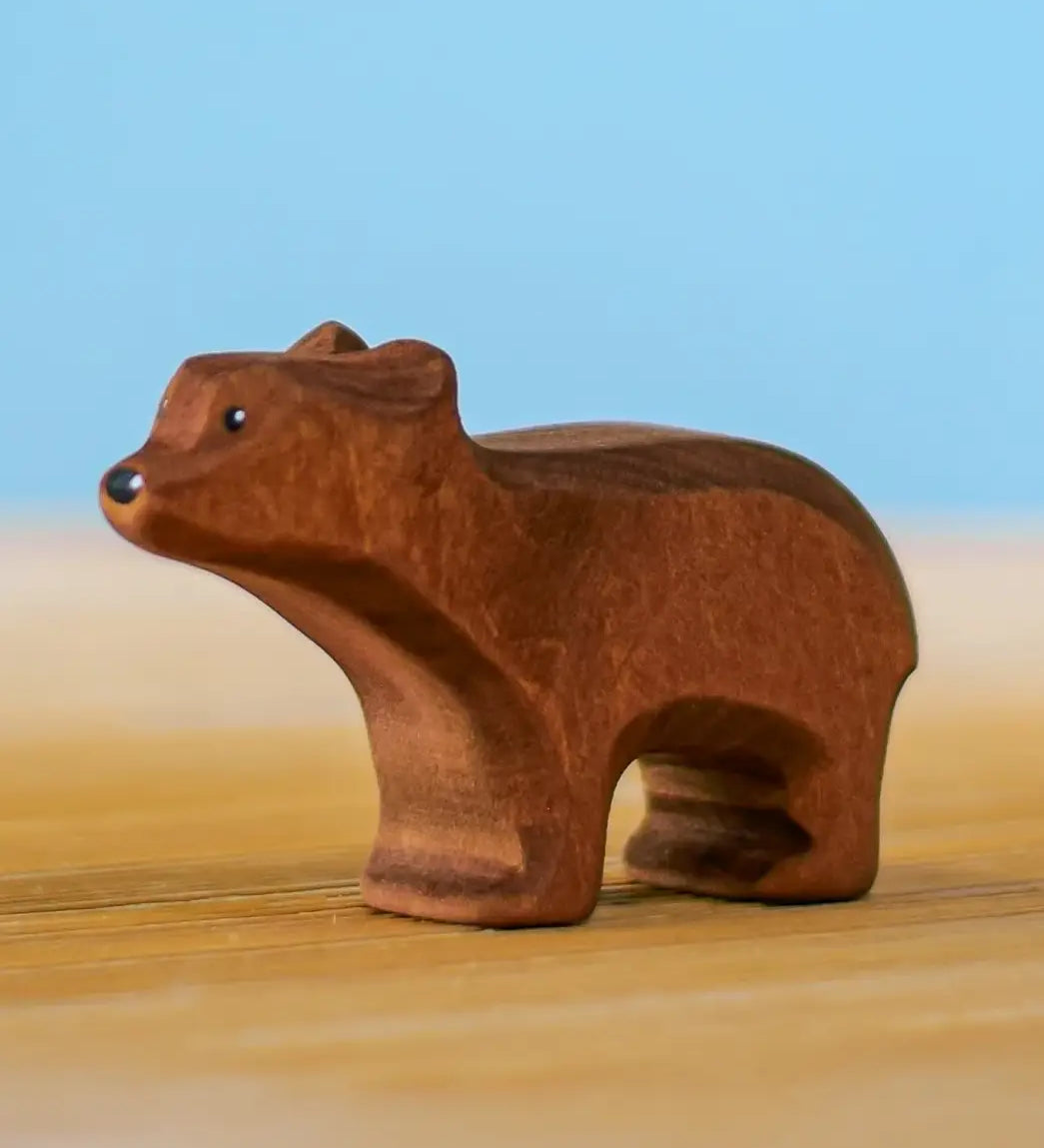 Bumbu toys handcrafted wooden brown standing cub figure with painted facial features