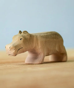 Bumbu toys handcrafted wooden grey standing baby hippo figure with painted facial features
